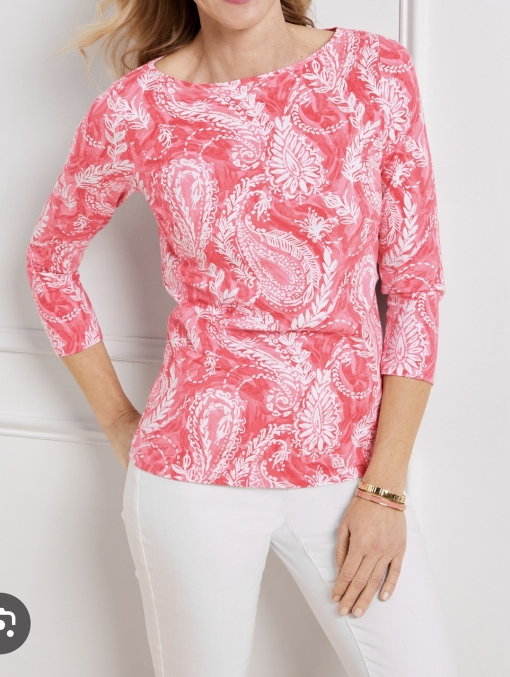 Talbots Bateau Neck Paisley Cotton Stretch Tee 3/4 Sleeve sz 3X Coral Pink